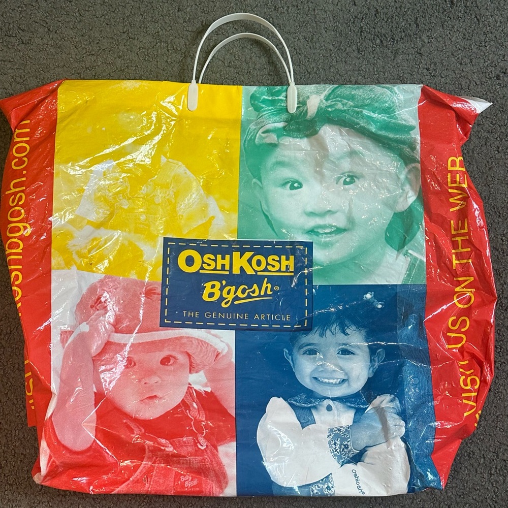 Vintage Oshkosh B’gosh Tote Plastic Shopping Bag Red Yellow Blue 16 x 17.25 x 6”
